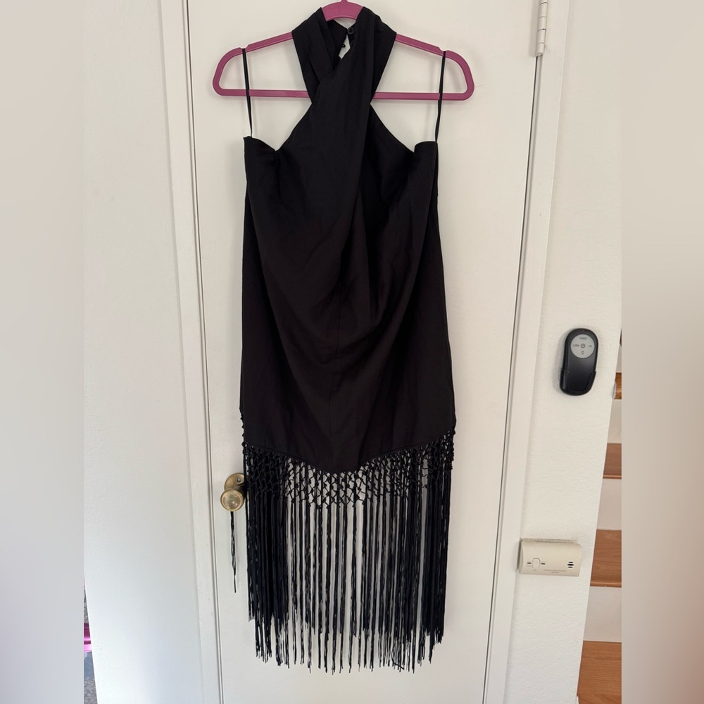 Commense Black Strapless Dress with Fringe Detail - Picture 3 of 5